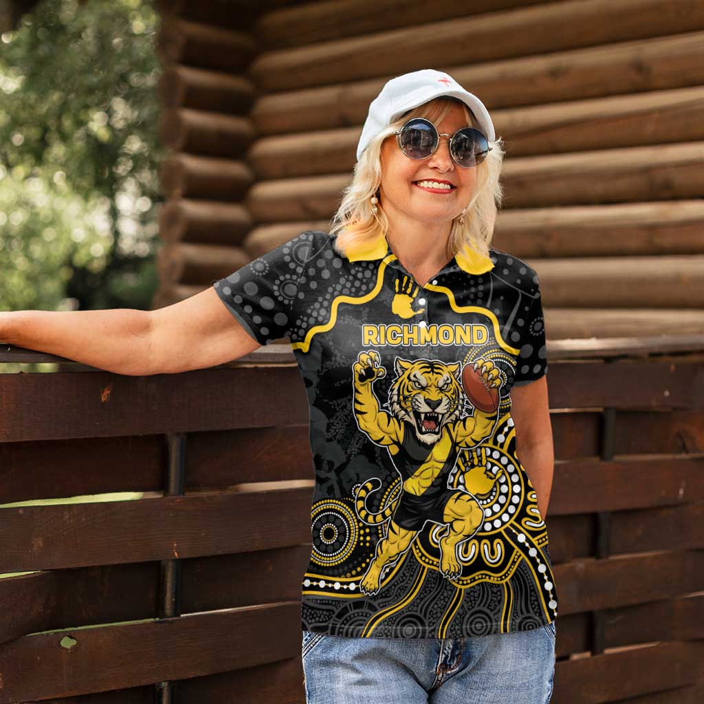 Custom Richmond Football Women Polo Shirt Aboriginal Dot Art Pattern