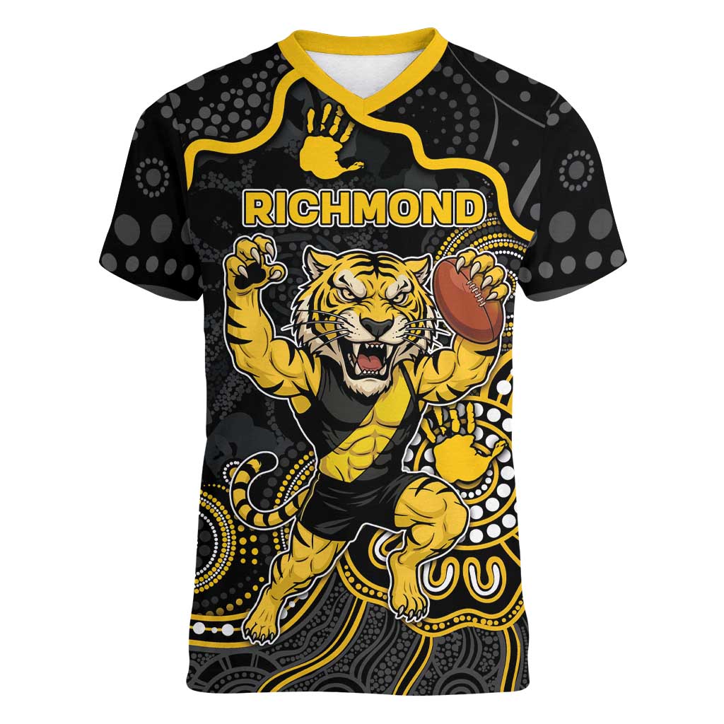Custom Richmond Football Women V-Neck T-Shirt Aboriginal Dot Art Pattern