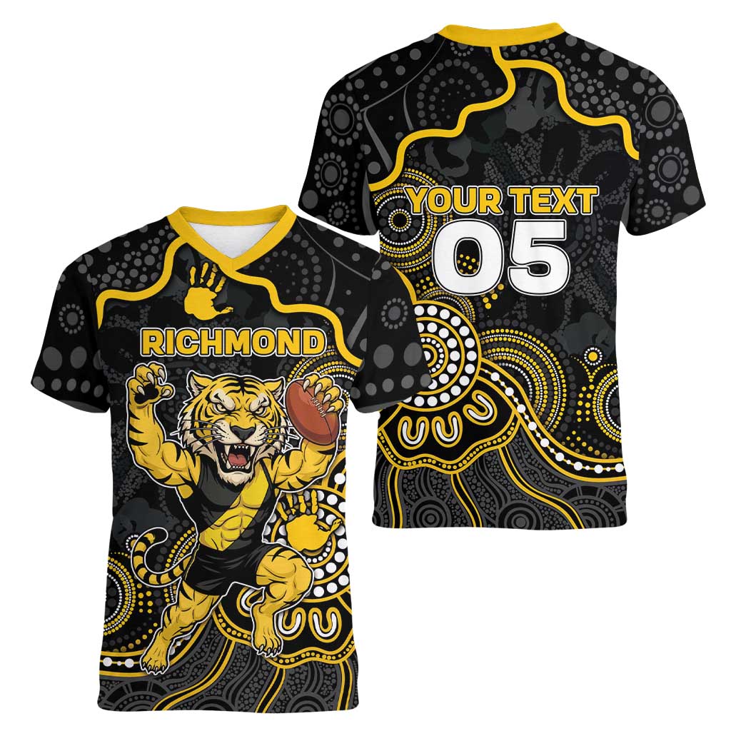 Custom Richmond Football Women V-Neck T-Shirt Aboriginal Dot Art Pattern
