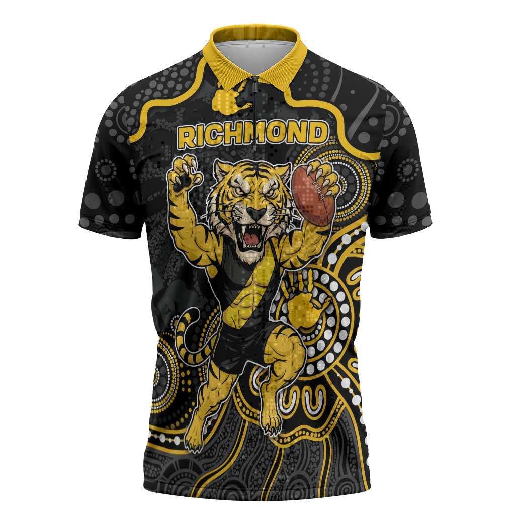 Custom Richmond Football Zipper Polo Shirt Aboriginal Dot Art Pattern