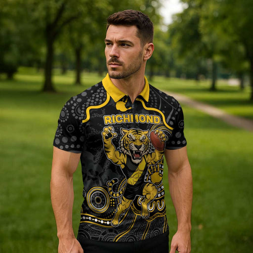 Custom Richmond Football Zipper Polo Shirt Aboriginal Dot Art Pattern