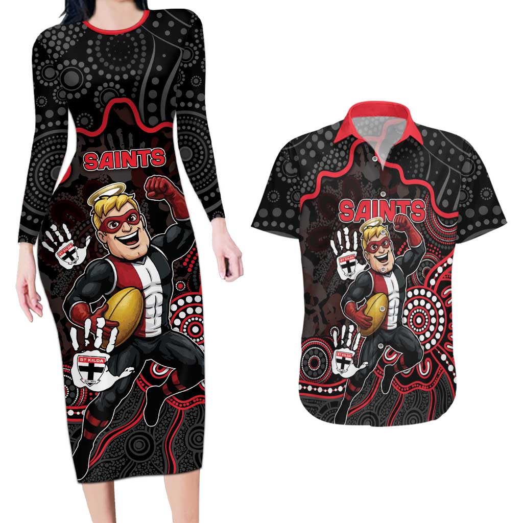 Custom Saints Football Couples Matching Long Sleeve Bodycon Dress and Hawaiian Shirt Aboriginal Dot Art Pattern