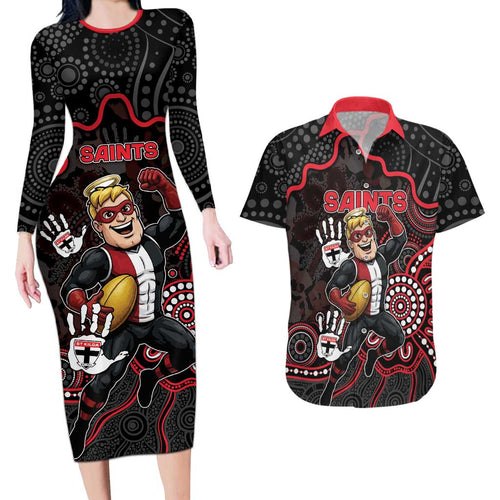 Custom Saints Football Couples Matching Long Sleeve Bodycon Dress and Hawaiian Shirt Aboriginal Dot Art Pattern