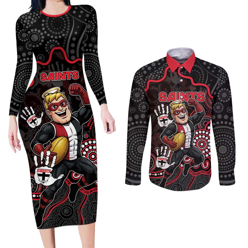 Custom Saints Football Couples Matching Long Sleeve Bodycon Dress and Long Sleeve Button Shirt Aboriginal Dot Art Pattern