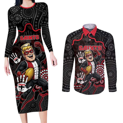 Custom Saints Football Couples Matching Long Sleeve Bodycon Dress and Long Sleeve Button Shirt Aboriginal Dot Art Pattern