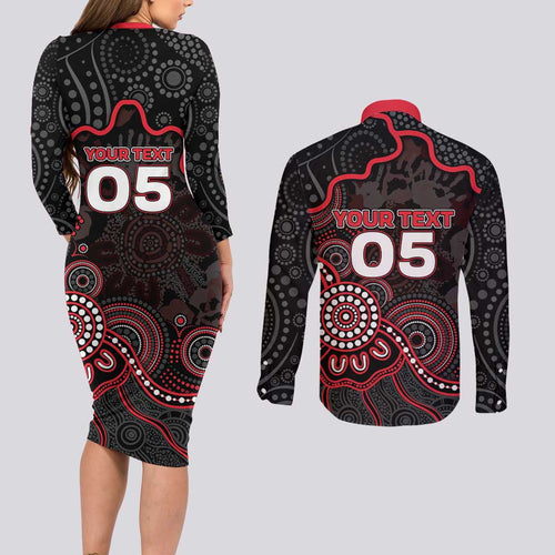 Custom Saints Football Couples Matching Long Sleeve Bodycon Dress and Long Sleeve Button Shirt Aboriginal Dot Art Pattern