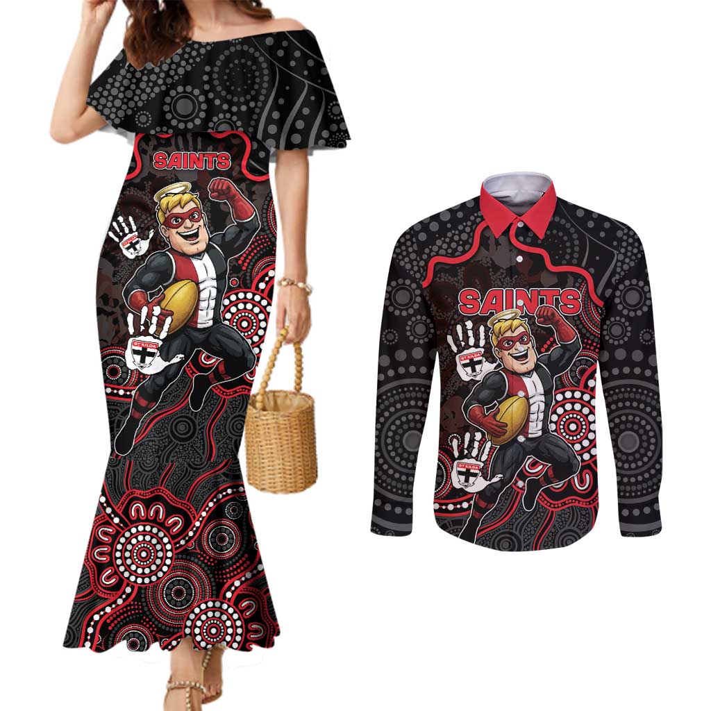 Custom Saints Football Couples Matching Mermaid Dress and Long Sleeve Button Shirt Aboriginal Dot Art Pattern
