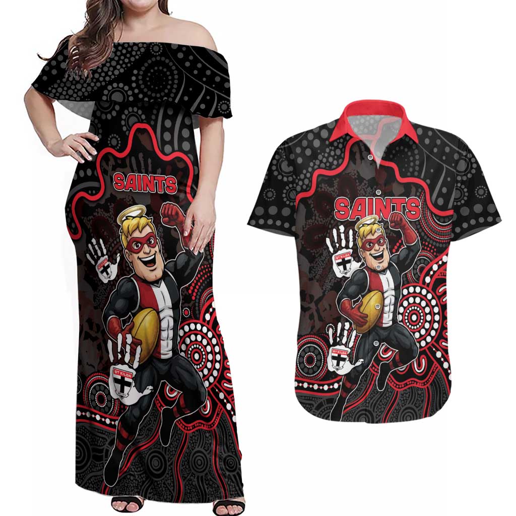 Custom Saints Football Couples Matching Off Shoulder Maxi Dress and Hawaiian Shirt Aboriginal Dot Art Pattern