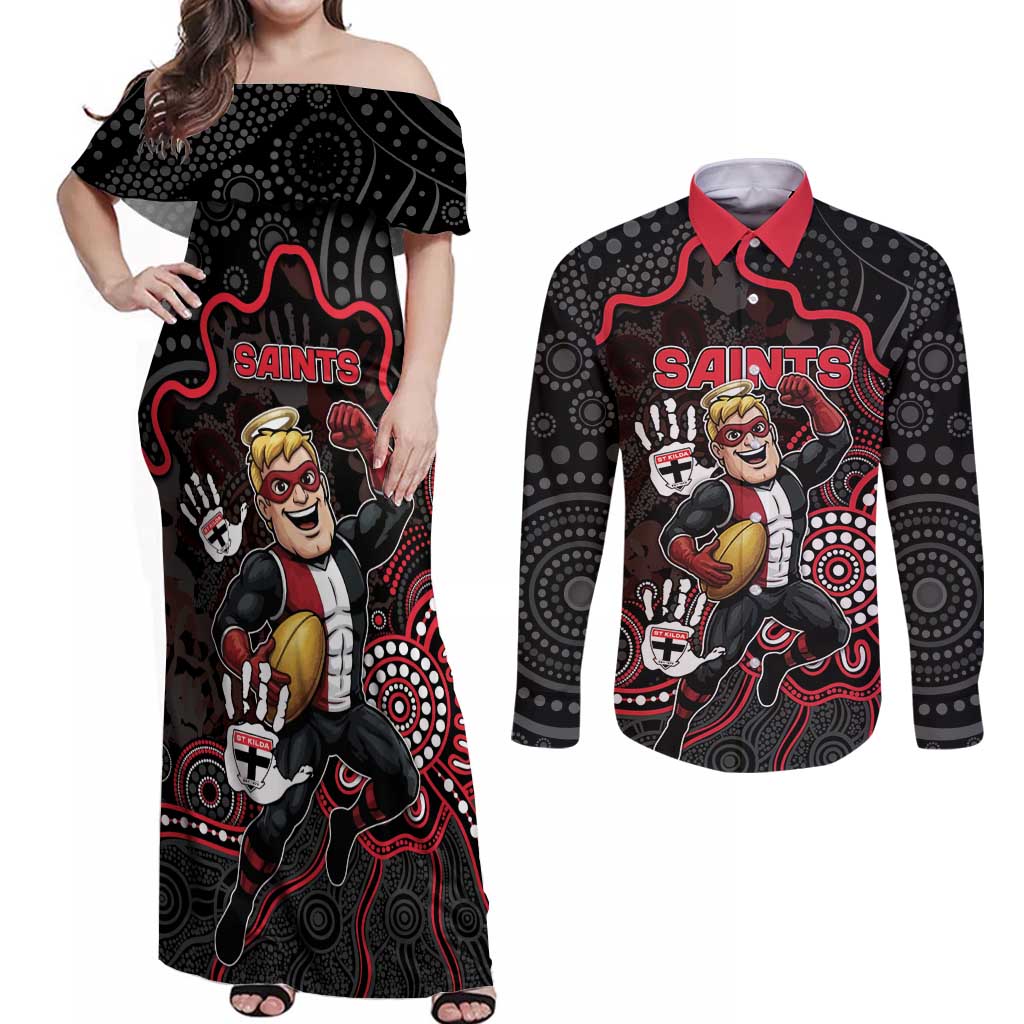 Custom Saints Football Couples Matching Off Shoulder Maxi Dress and Long Sleeve Button Shirt Aboriginal Dot Art Pattern