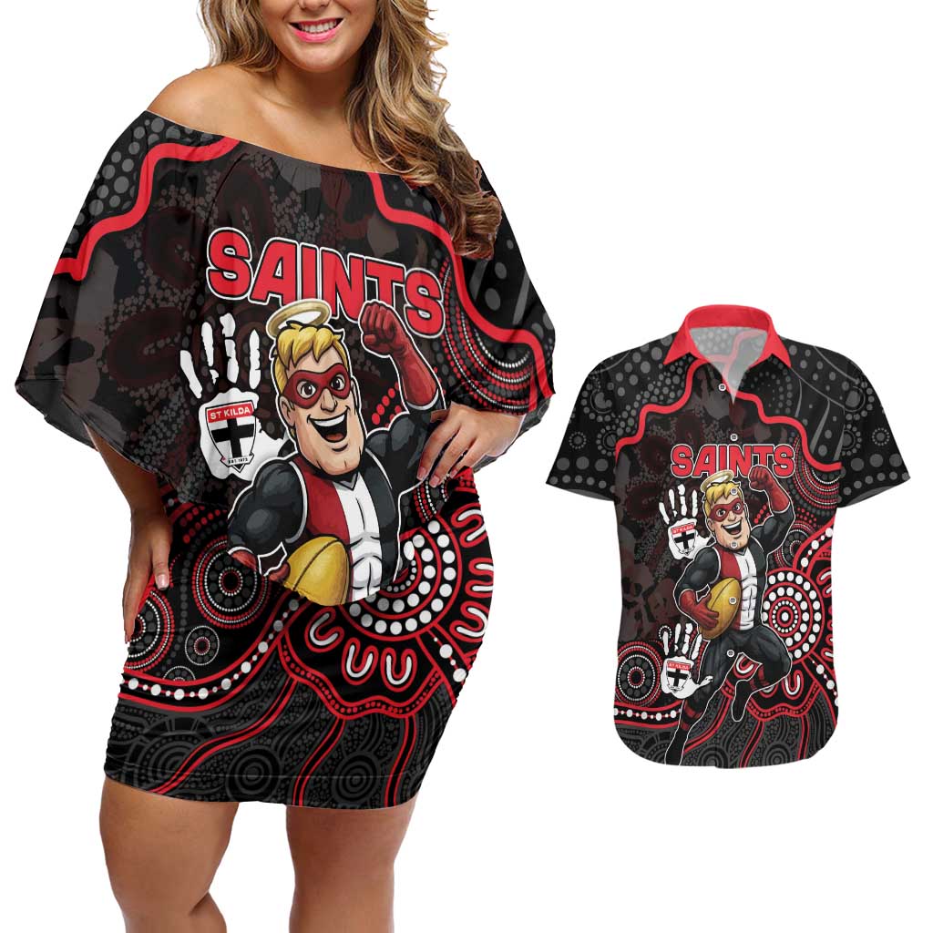 Custom Saints Football Couples Matching Off Shoulder Short Dress and Hawaiian Shirt Aboriginal Dot Art Pattern