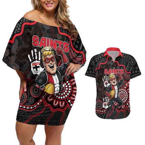 Custom Saints Football Couples Matching Off Shoulder Short Dress and Hawaiian Shirt Aboriginal Dot Art Pattern