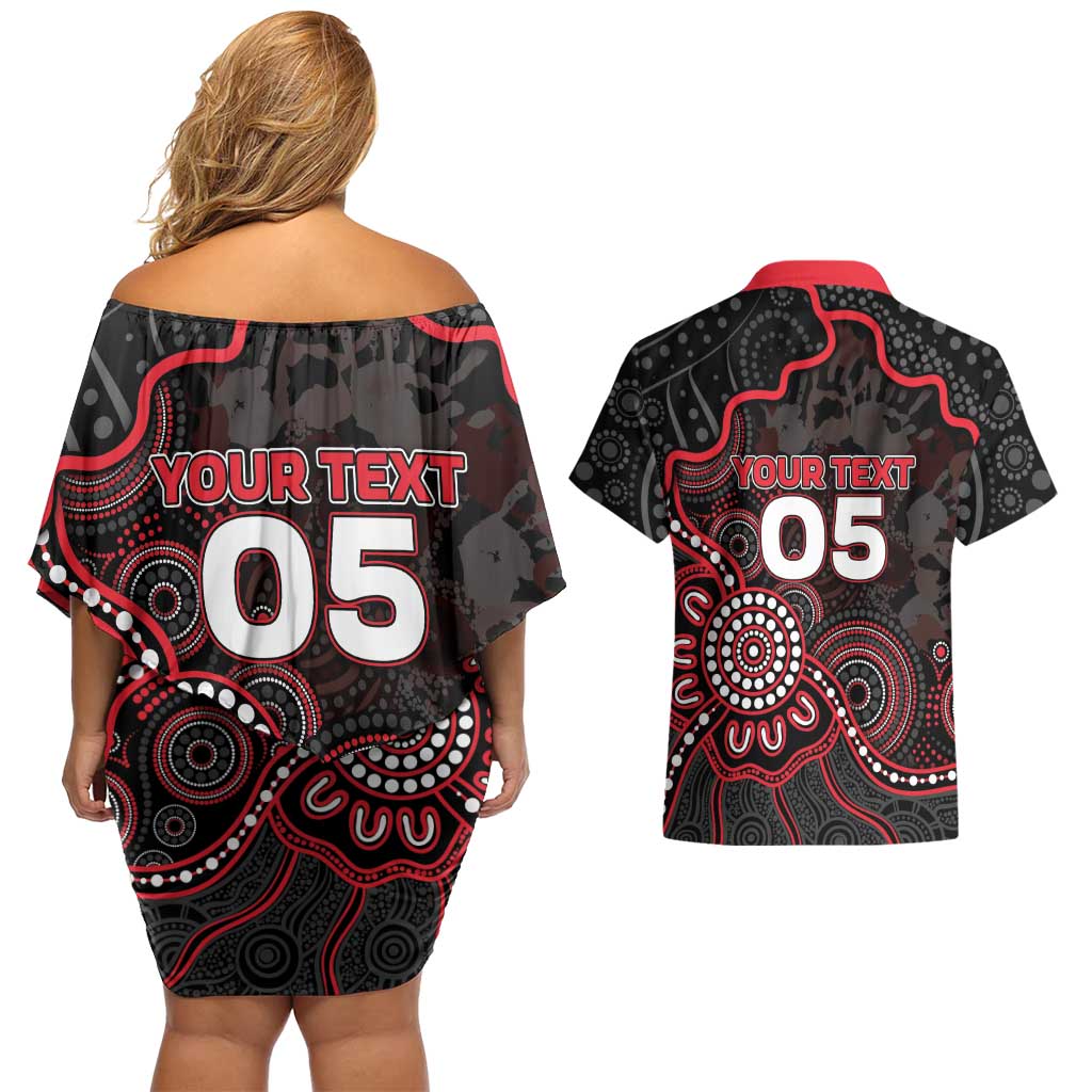 Custom Saints Football Couples Matching Off Shoulder Short Dress and Hawaiian Shirt Aboriginal Dot Art Pattern