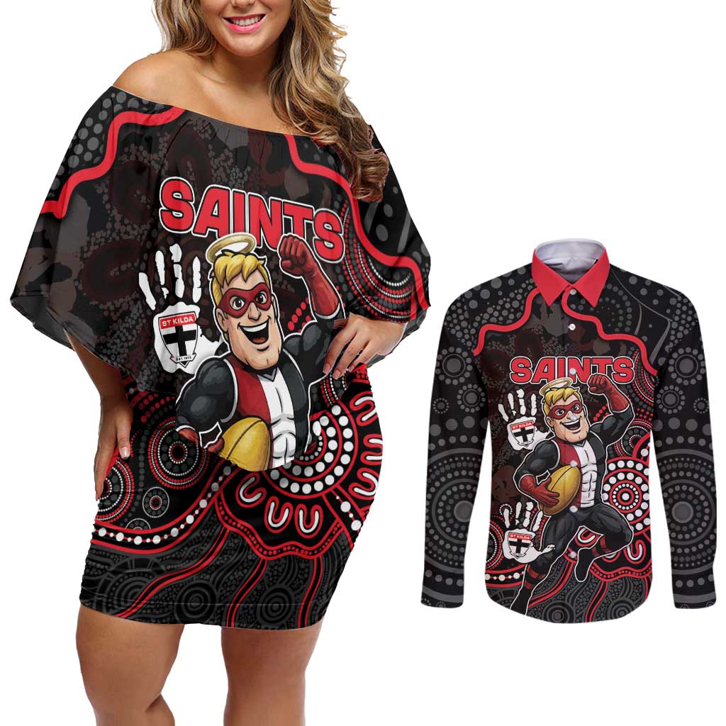 Custom Saints Football Couples Matching Off Shoulder Short Dress and Long Sleeve Button Shirt Aboriginal Dot Art Pattern