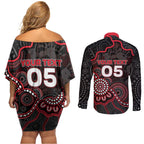 Custom Saints Football Couples Matching Off Shoulder Short Dress and Long Sleeve Button Shirt Aboriginal Dot Art Pattern