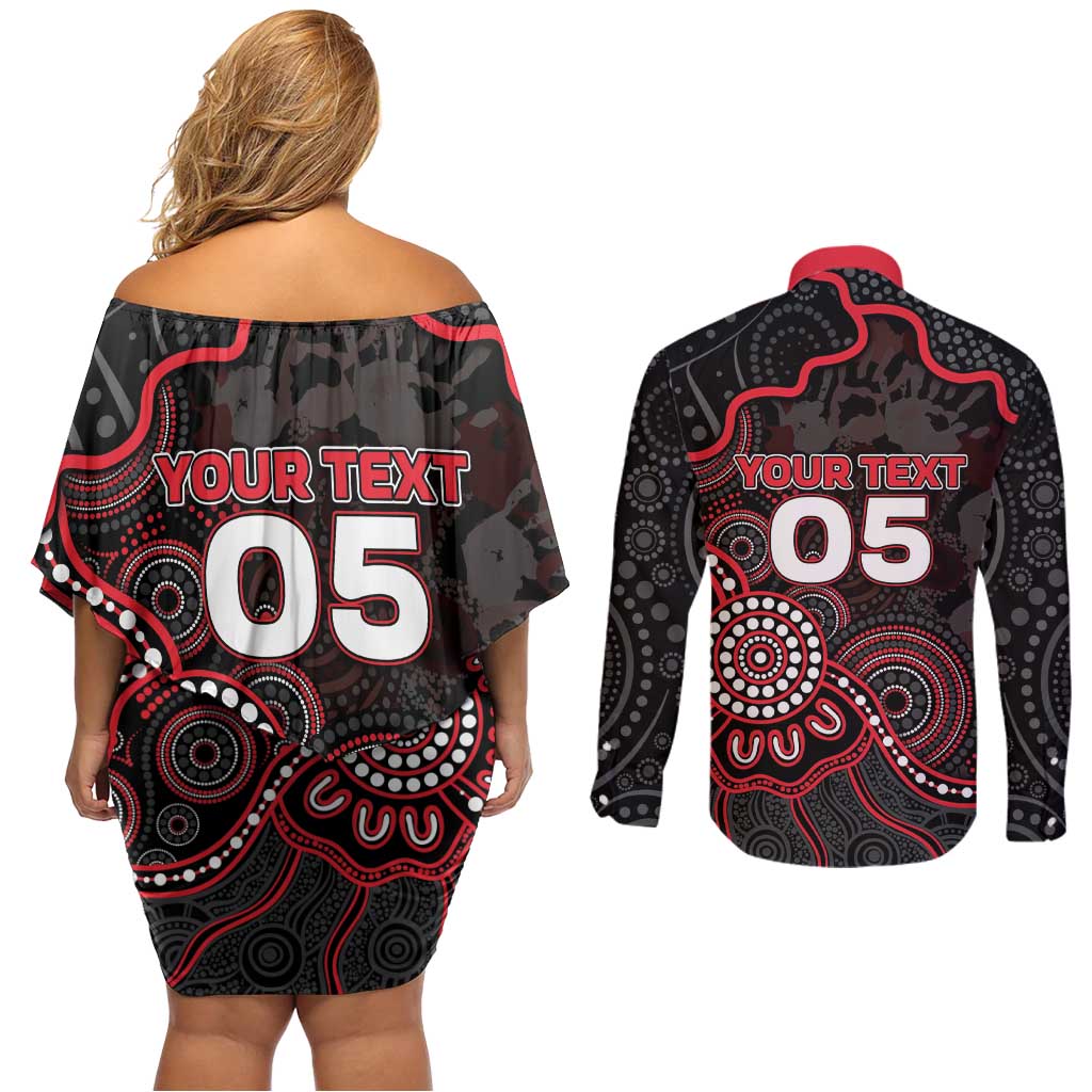 Custom Saints Football Couples Matching Off Shoulder Short Dress and Long Sleeve Button Shirt Aboriginal Dot Art Pattern