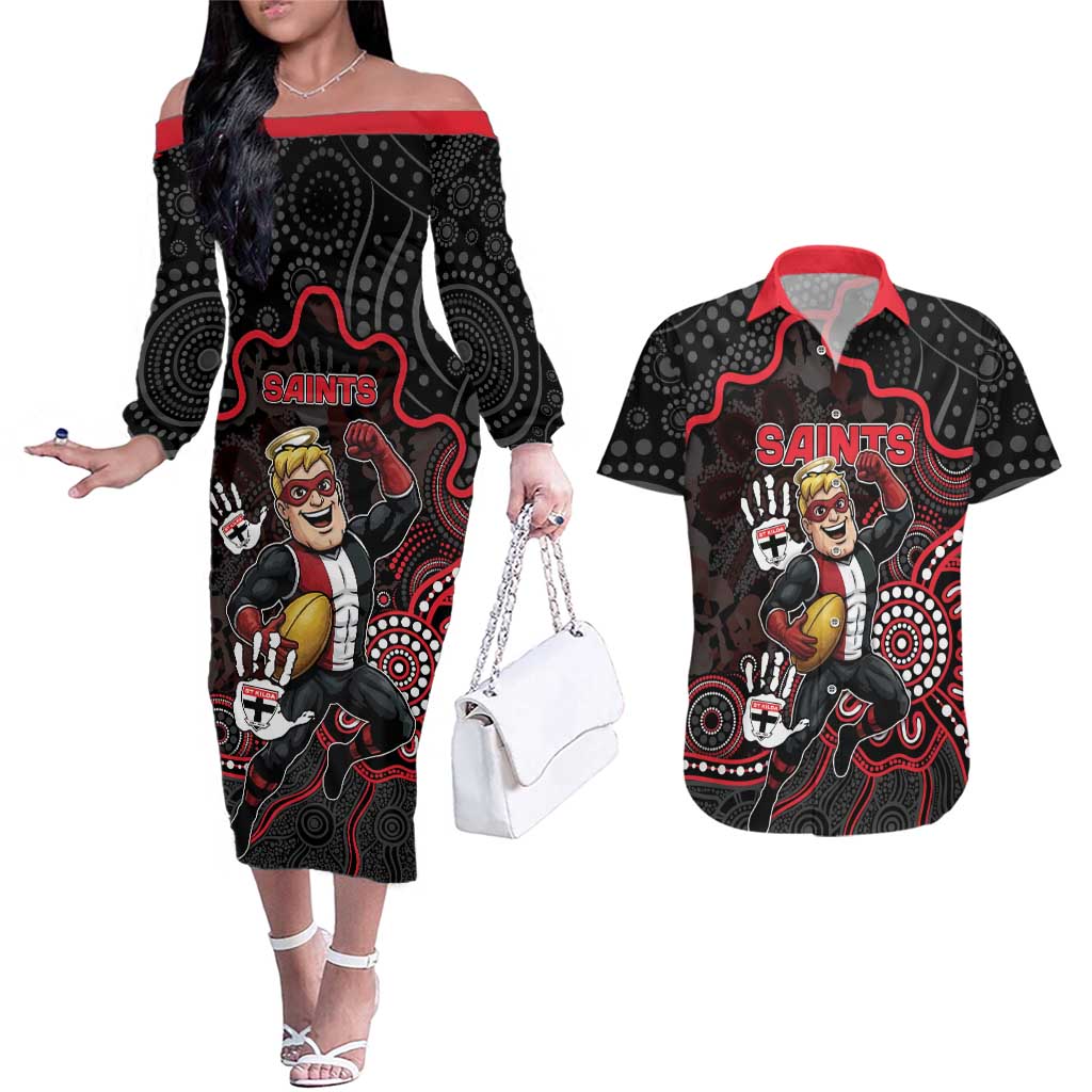 Custom Saints Football Couples Matching Off The Shoulder Long Sleeve Dress and Hawaiian Shirt Aboriginal Dot Art Pattern