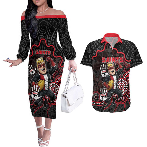 Custom Saints Football Couples Matching Off The Shoulder Long Sleeve Dress and Hawaiian Shirt Aboriginal Dot Art Pattern