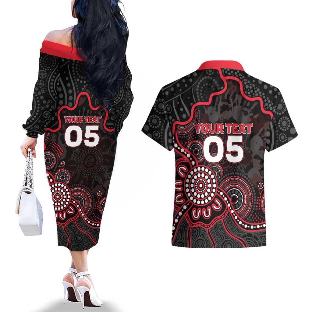 Custom Saints Football Couples Matching Off The Shoulder Long Sleeve Dress and Hawaiian Shirt Aboriginal Dot Art Pattern