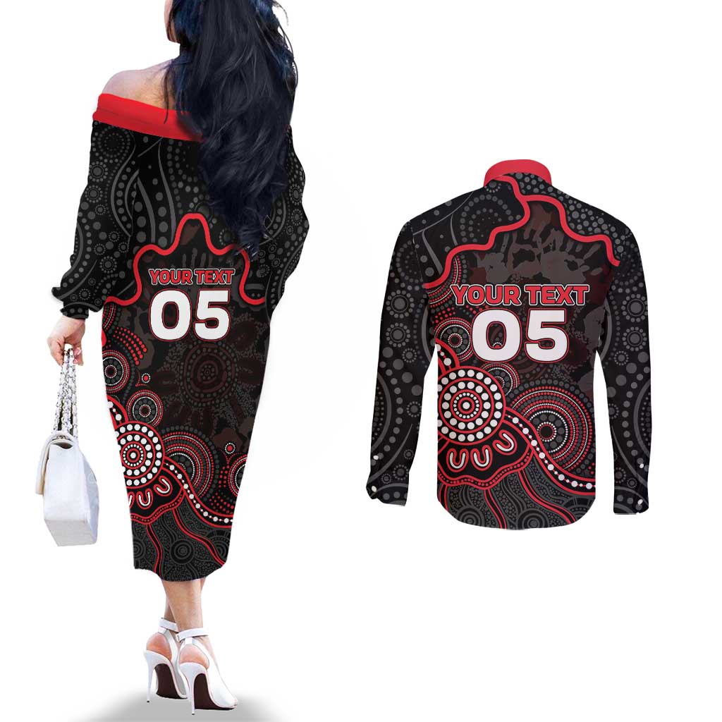 Custom Saints Football Couples Matching Off The Shoulder Long Sleeve Dress and Long Sleeve Button Shirt Aboriginal Dot Art Pattern