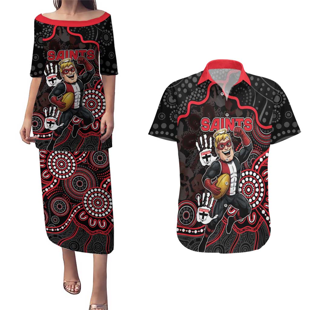 Custom Saints Football Couples Matching Puletasi and Hawaiian Shirt Aboriginal Dot Art Pattern