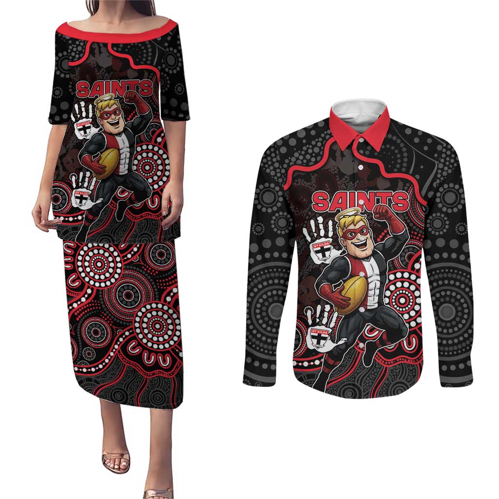 Custom Saints Football Couples Matching Puletasi and Long Sleeve Button Shirt Aboriginal Dot Art Pattern
