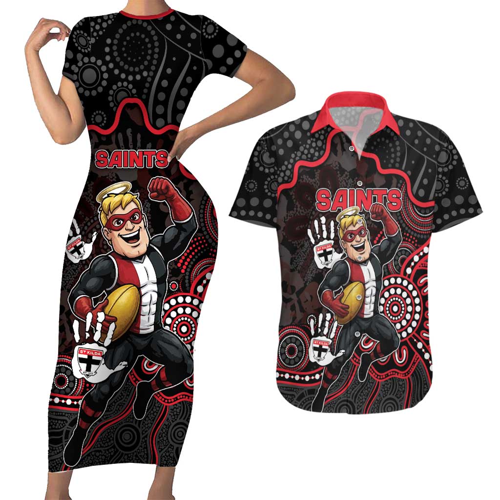 Custom Saints Football Couples Matching Short Sleeve Bodycon Dress and Hawaiian Shirt Aboriginal Dot Art Pattern