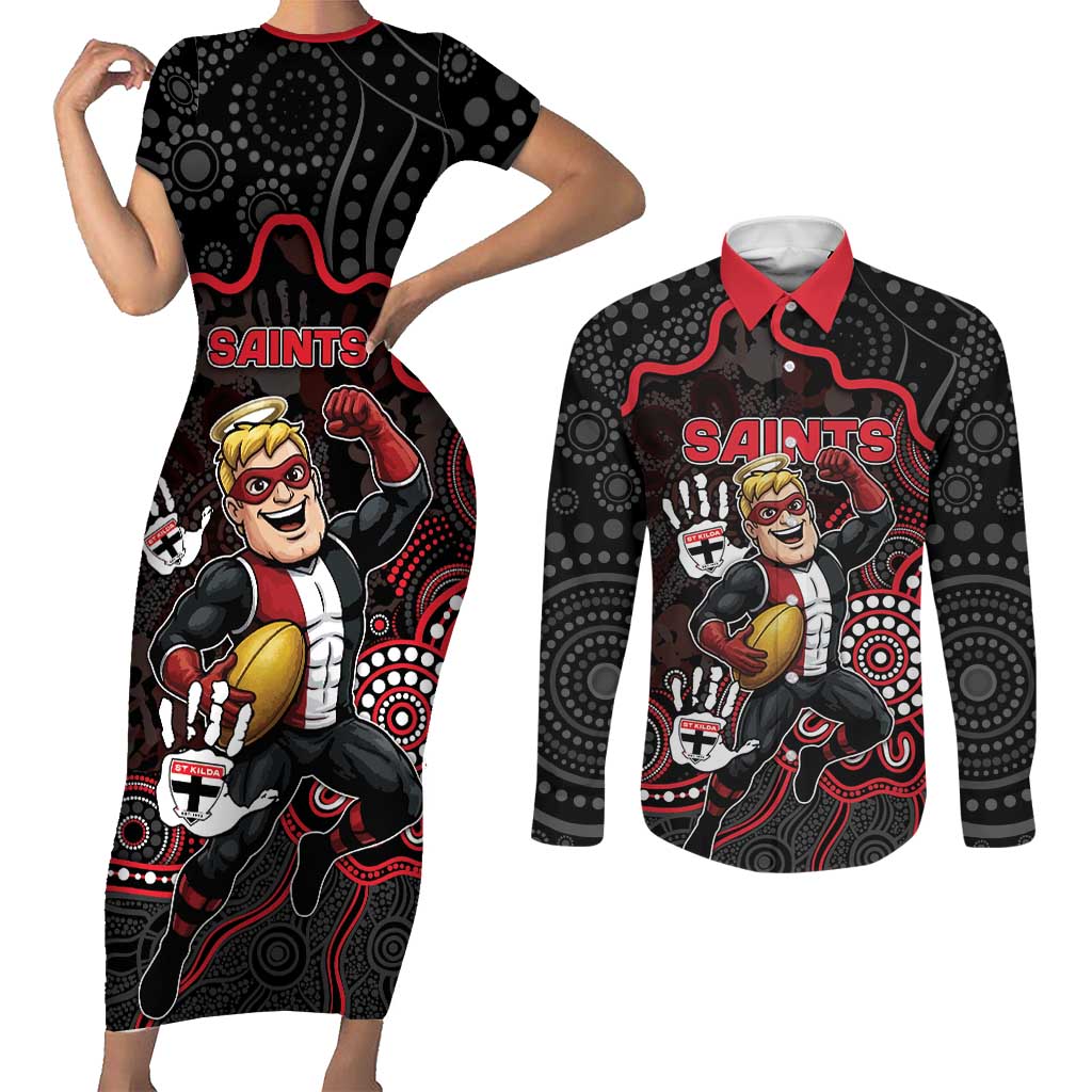 Custom Saints Football Couples Matching Short Sleeve Bodycon Dress and Long Sleeve Button Shirt Aboriginal Dot Art Pattern