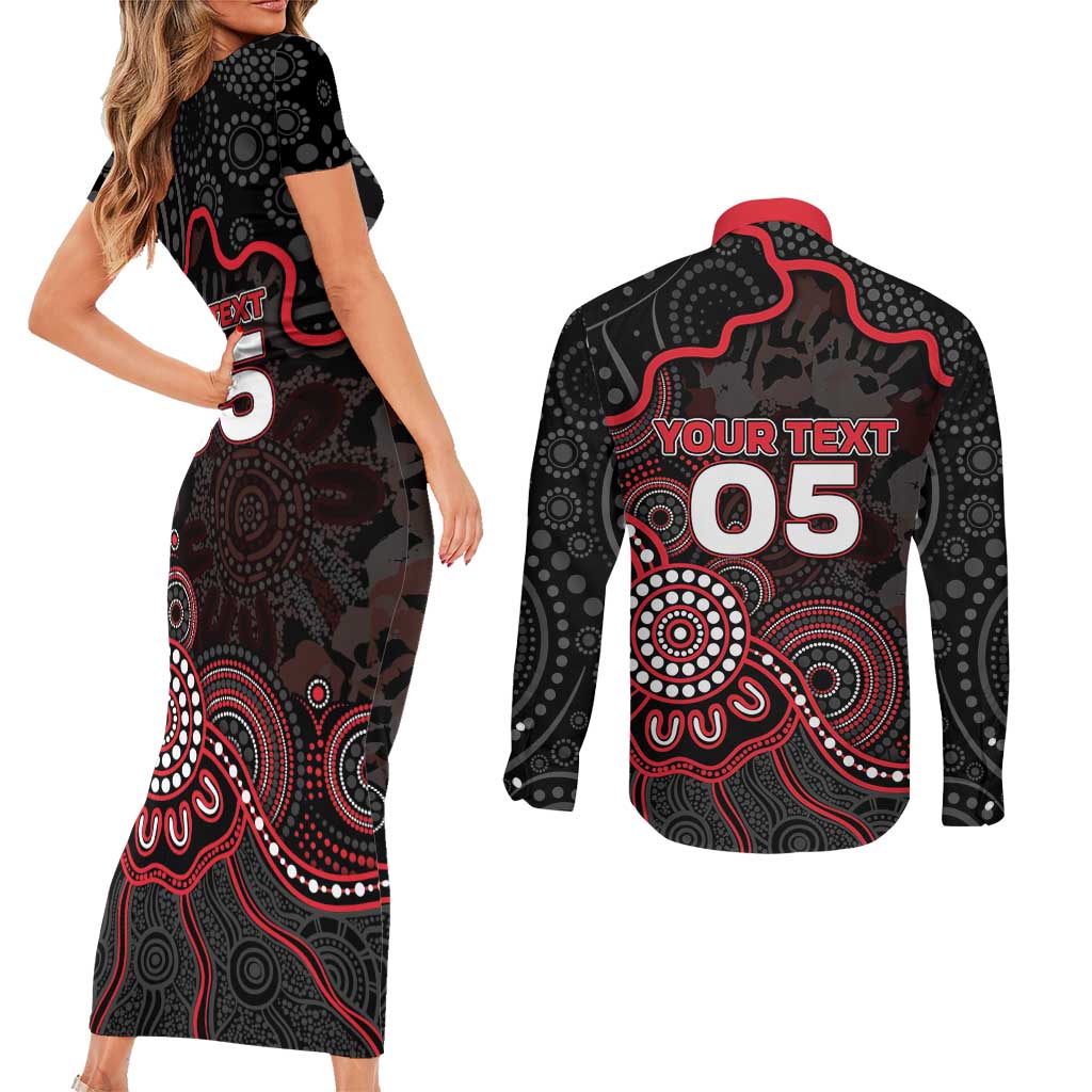 Custom Saints Football Couples Matching Short Sleeve Bodycon Dress and Long Sleeve Button Shirt Aboriginal Dot Art Pattern