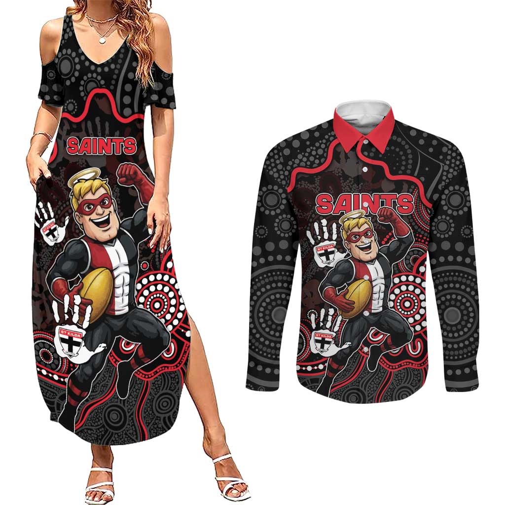 Custom Saints Football Couples Matching Summer Maxi Dress and Long Sleeve Button Shirt Aboriginal Dot Art Pattern