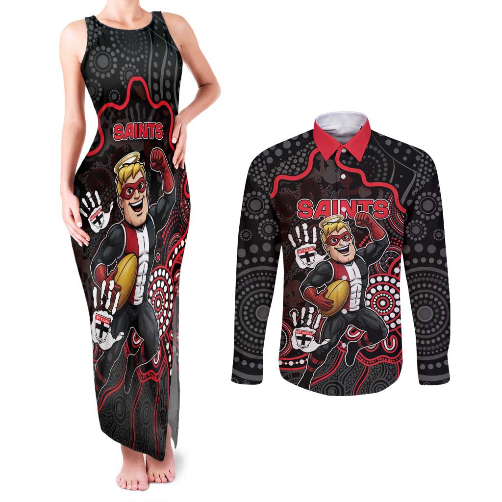 Custom Saints Football Couples Matching Tank Maxi Dress and Long Sleeve Button Shirt Aboriginal Dot Art Pattern