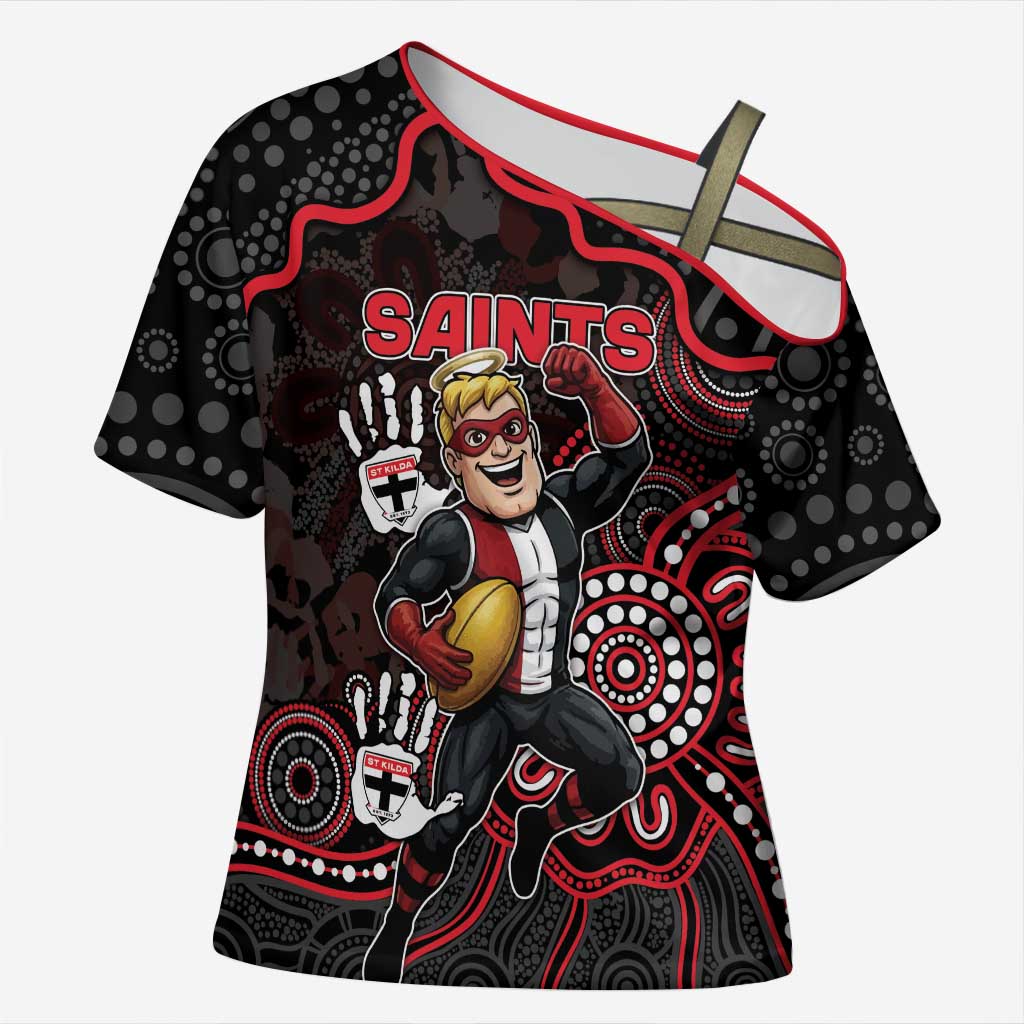 Custom Saints Football Cross Shoulder Shirt Aboriginal Dot Art Pattern
