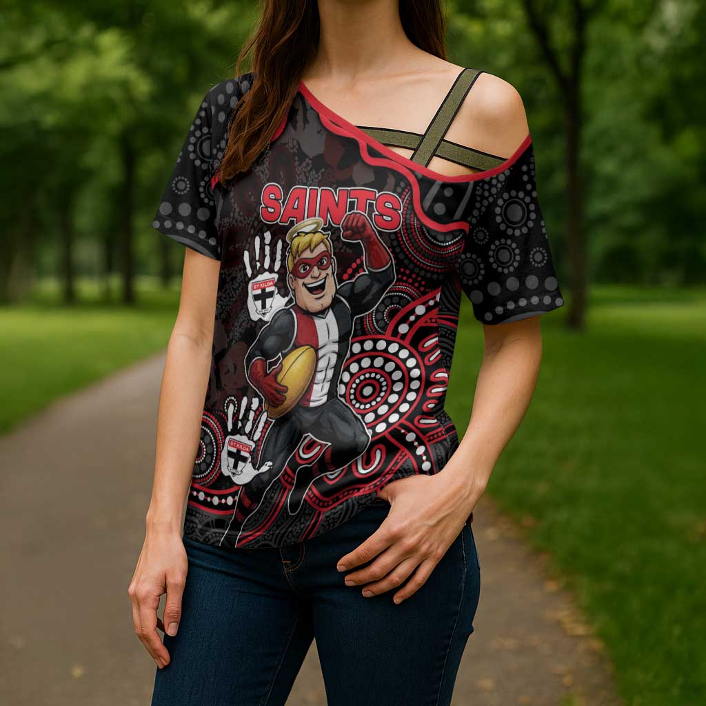 Custom Saints Football Cross Shoulder Shirt Aboriginal Dot Art Pattern