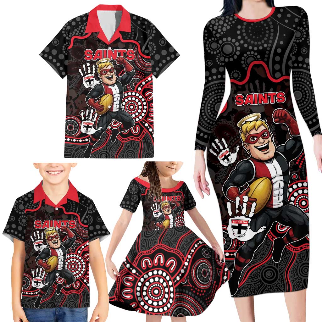 Custom Saints Football Family Matching Long Sleeve Bodycon Dress and Hawaiian Shirt Aboriginal Dot Art Pattern