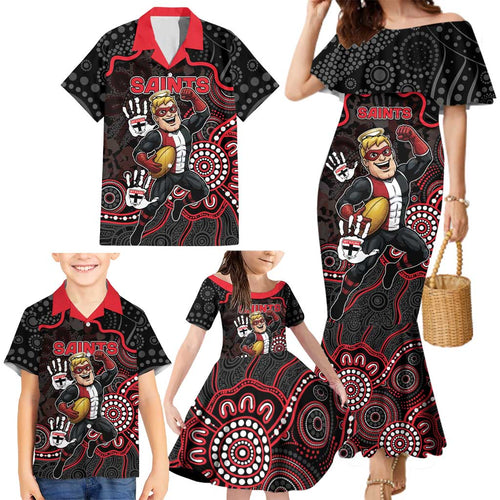 Custom Saints Football Family Matching Mermaid Dress and Hawaiian Shirt Aboriginal Dot Art Pattern