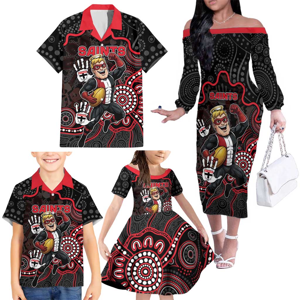 Custom Saints Football Family Matching Off The Shoulder Long Sleeve Dress and Hawaiian Shirt Aboriginal Dot Art Pattern