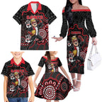 Custom Saints Football Family Matching Off The Shoulder Long Sleeve Dress and Hawaiian Shirt Aboriginal Dot Art Pattern