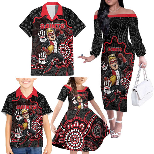 Custom Saints Football Family Matching Off The Shoulder Long Sleeve Dress and Hawaiian Shirt Aboriginal Dot Art Pattern