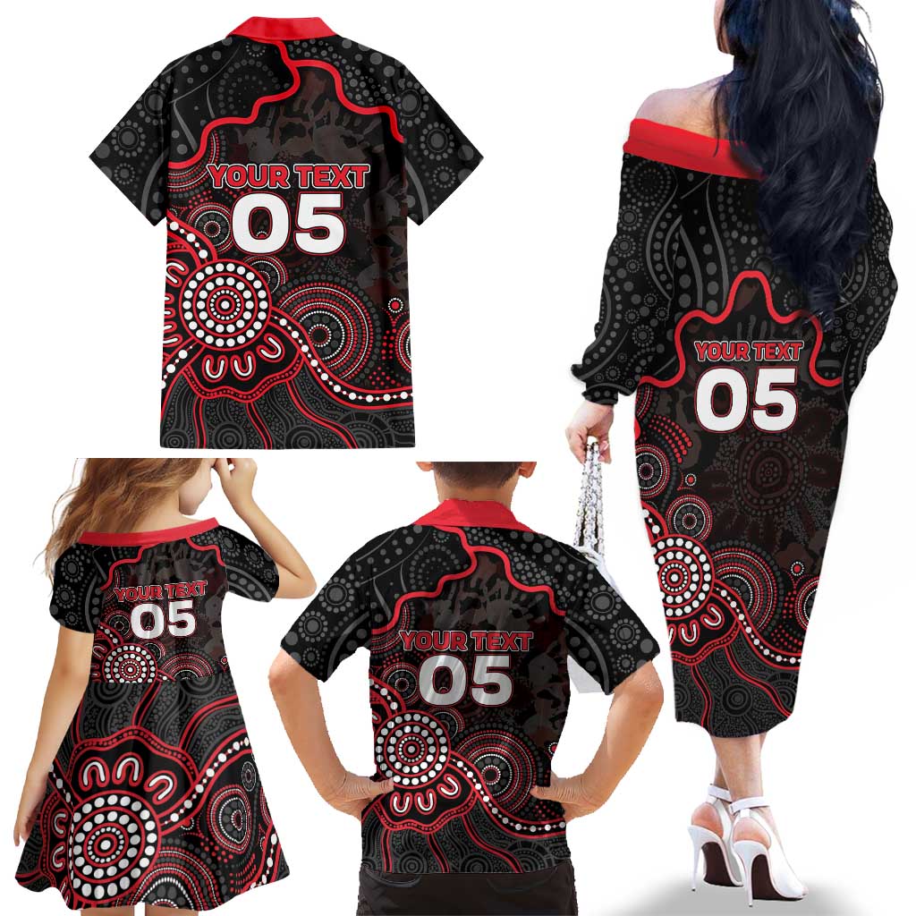 Custom Saints Football Family Matching Off The Shoulder Long Sleeve Dress and Hawaiian Shirt Aboriginal Dot Art Pattern