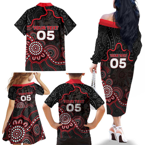 Custom Saints Football Family Matching Off The Shoulder Long Sleeve Dress and Hawaiian Shirt Aboriginal Dot Art Pattern