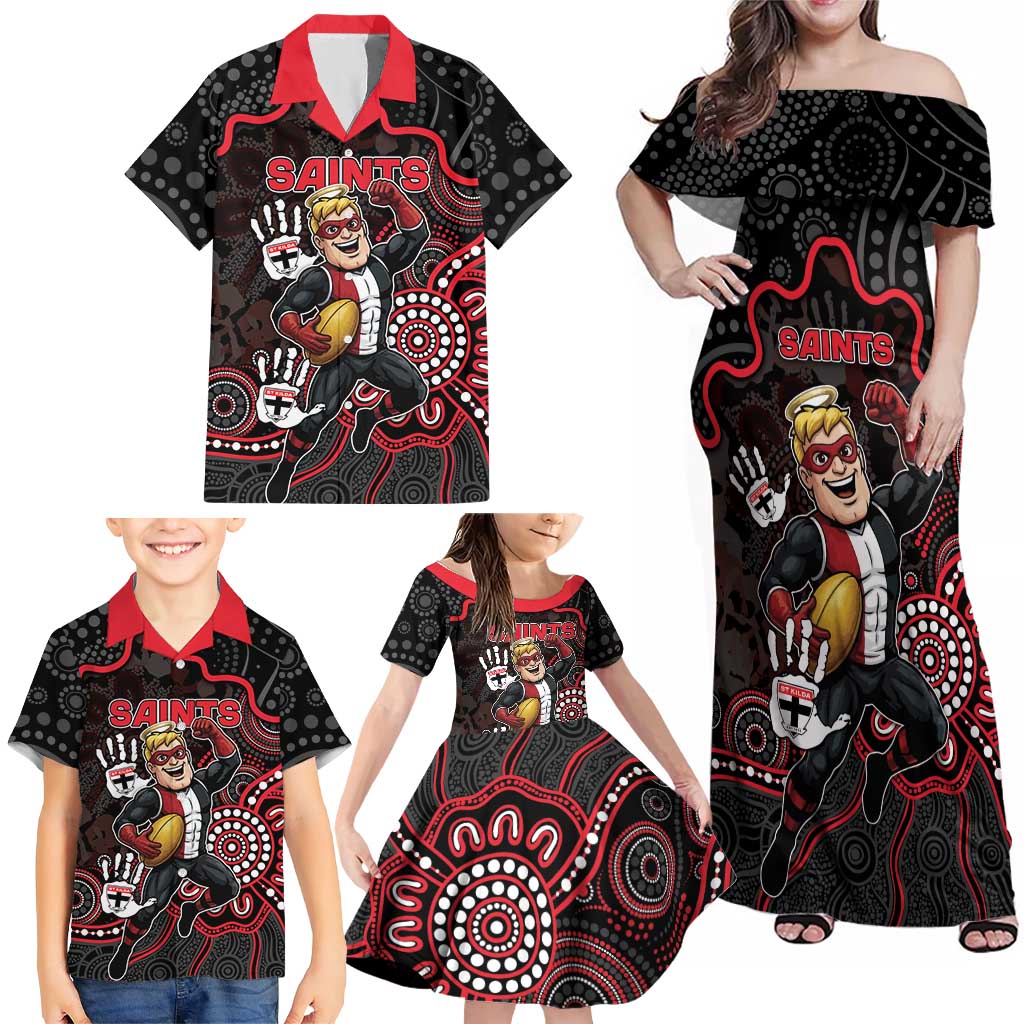 Custom Saints Football Family Matching Off Shoulder Maxi Dress and Hawaiian Shirt Aboriginal Dot Art Pattern