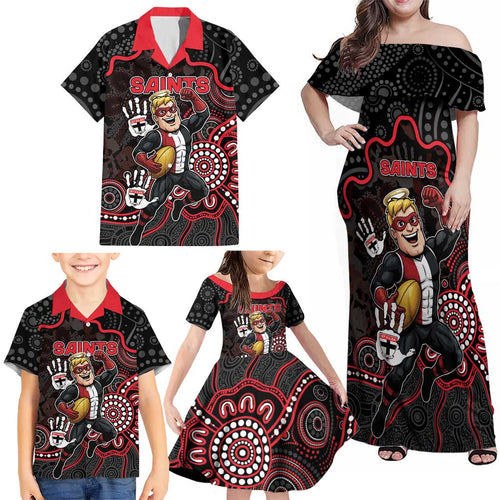 Custom Saints Football Family Matching Off Shoulder Maxi Dress and Hawaiian Shirt Aboriginal Dot Art Pattern