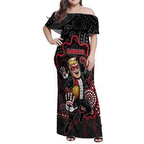 Custom Saints Football Family Matching Off Shoulder Maxi Dress and Hawaiian Shirt Aboriginal Dot Art Pattern