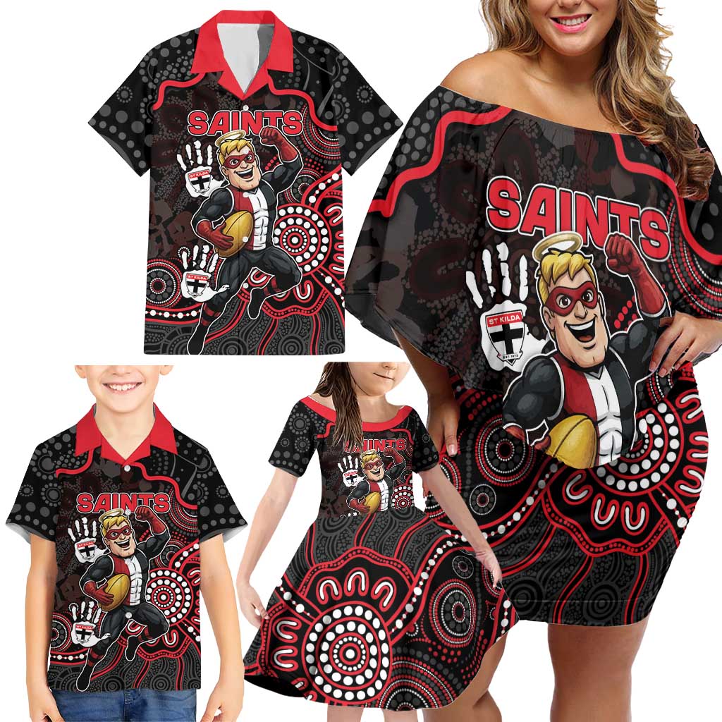 Custom Saints Football Family Matching Off Shoulder Short Dress and Hawaiian Shirt Aboriginal Dot Art Pattern