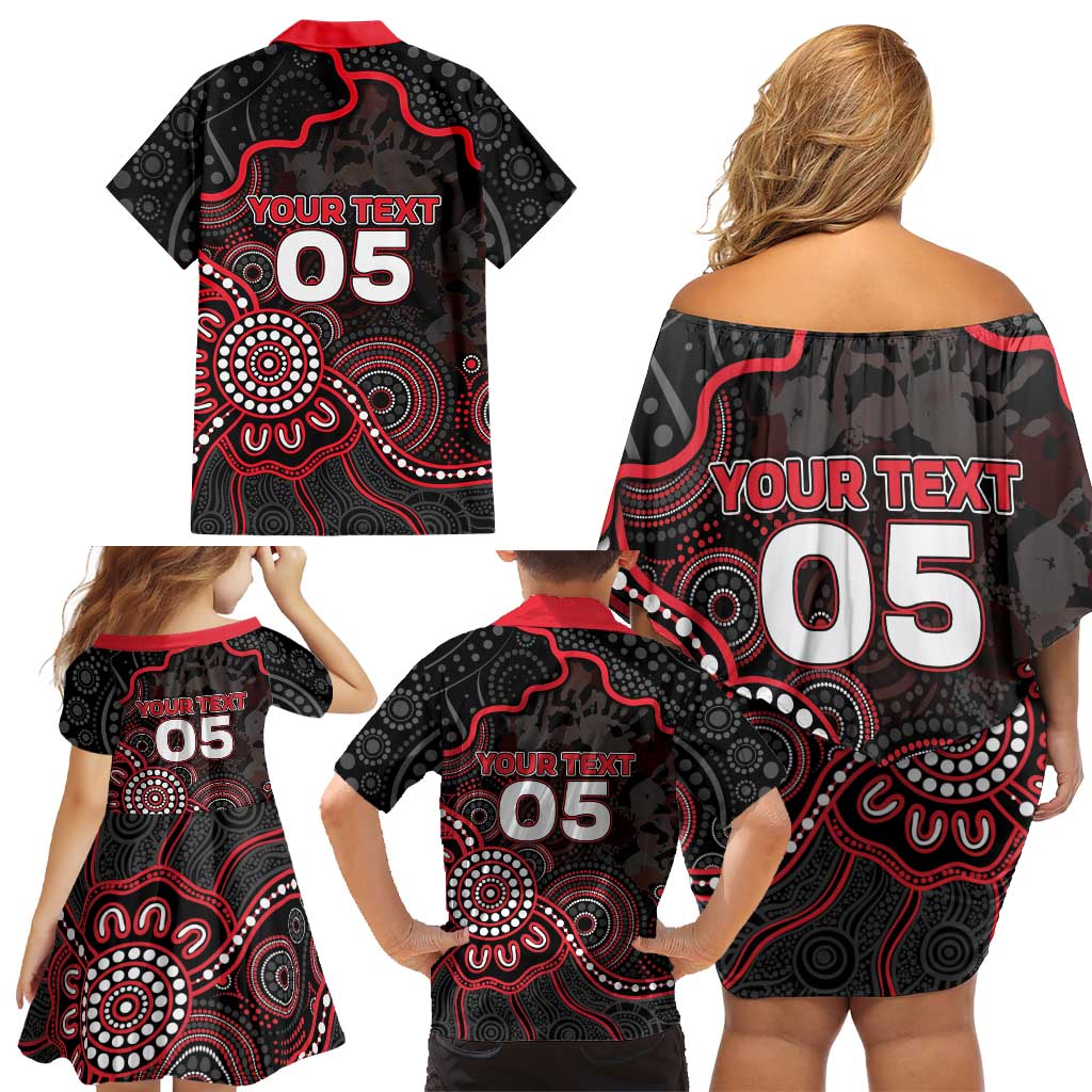 Custom Saints Football Family Matching Off Shoulder Short Dress and Hawaiian Shirt Aboriginal Dot Art Pattern