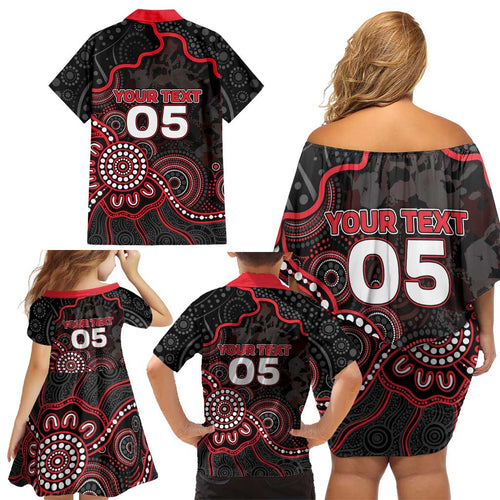 Custom Saints Football Family Matching Off Shoulder Short Dress and Hawaiian Shirt Aboriginal Dot Art Pattern