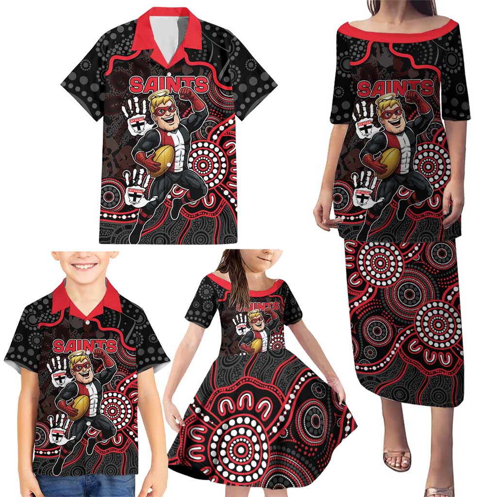 Custom Saints Football Family Matching Puletasi and Hawaiian Shirt Aboriginal Dot Art Pattern