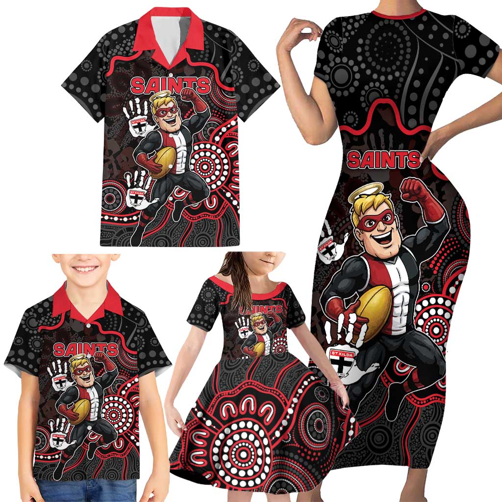 Custom Saints Football Family Matching Short Sleeve Bodycon Dress and Hawaiian Shirt Aboriginal Dot Art Pattern