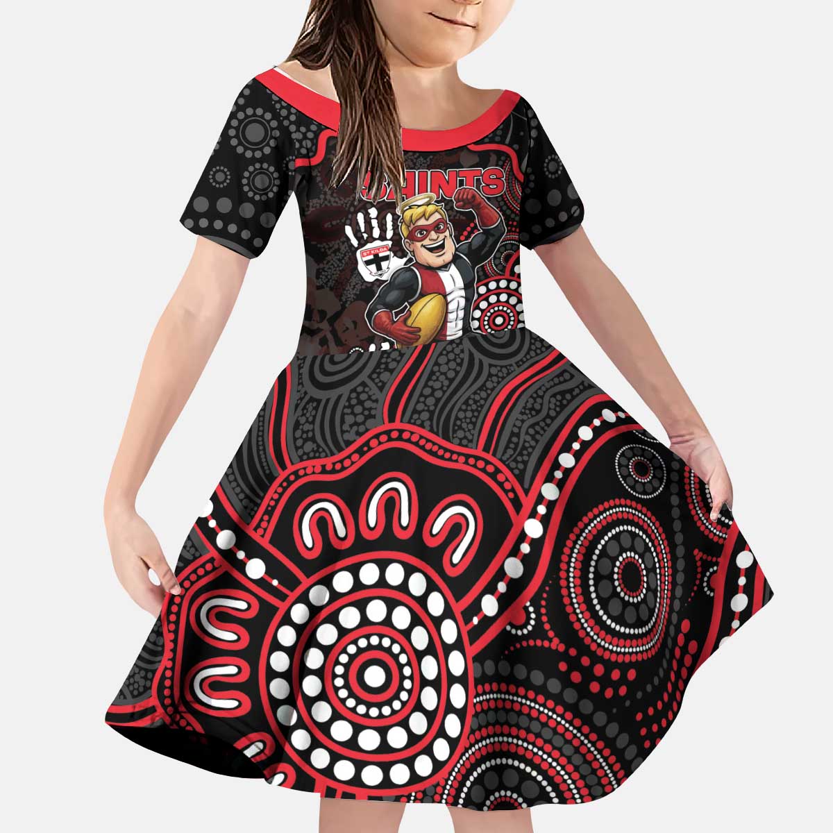 Custom Saints Football Kid Short Sleeve Dress Aboriginal Dot Art Pattern