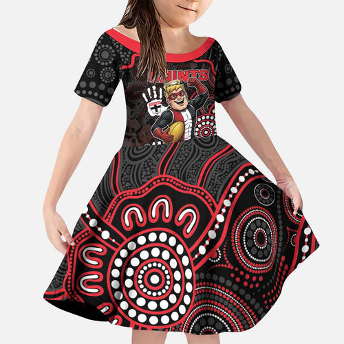 Custom Saints Football Kid Short Sleeve Dress Aboriginal Dot Art Pattern