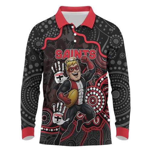 Custom Saints Football Long Sleeve Polo Shirt Aboriginal Dot Art Pattern